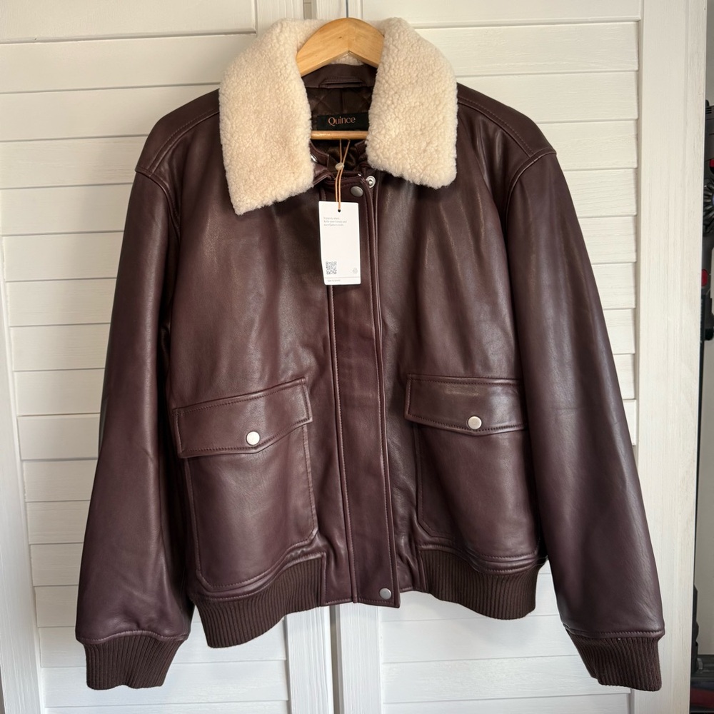 NWT Quince Dark Brown Leather Bomber Jacket with Cream Collar